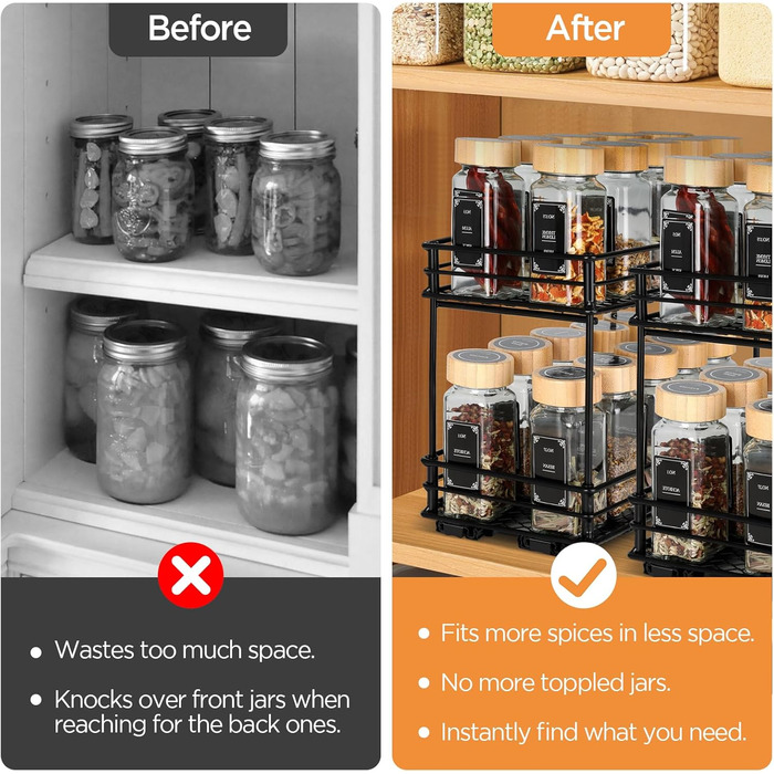 Розсувна підставка для спецій VINATO з 2 ярусами Кухонний органайзер з роликовими рейками, підставка для спецій для шафи, підставка для спецій без свердління (26x15x21,8 см) 26*15*21,8 см