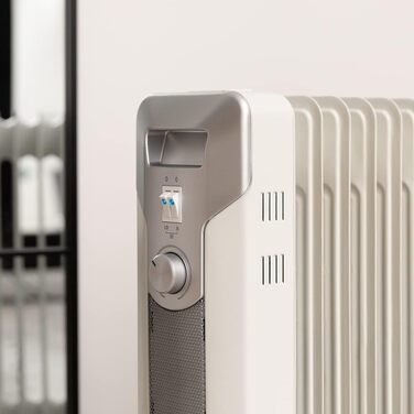 Масляний радіатор Cecotec ReadyWarm 11000 Space. Масляний радіатор потужністю 2500 Вт з 11 нагрівальними ребрами та 3 рівнями потужності, площа охоплення 25 м, місце для зберігання кабелю, легке керування, ручка, колеса. Білий. 2500 Вт