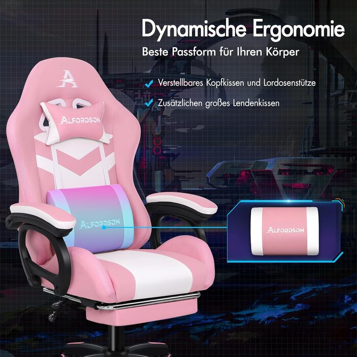 Ігрове крісло ALFORDSON, гоночне ігрове крісло зі світлодіодним RGB-підсвічуванням, масажне комп&39ютерне крісло з підставкою для ніг, ергономічне поворотне крісло з важільною спинкою, рожеве