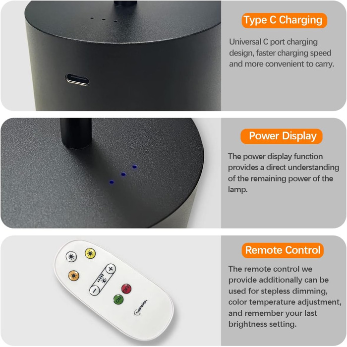 Світлодіодна настільна лампа бездротова, Hapfish 8000 мАг настільна лампа на батарейках з пультом дистанційного керування, алюміні