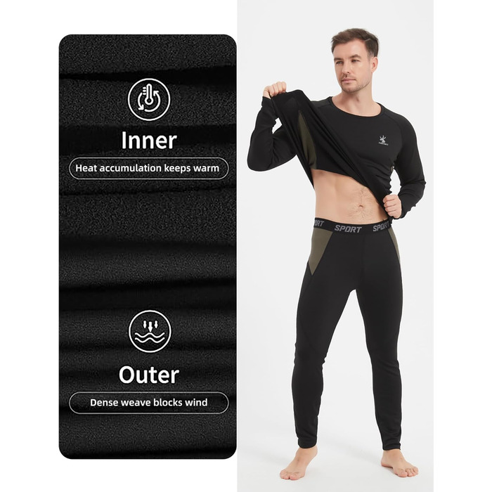 Комплект чоловічої термобілизни, тепла лижна білизна, дихаюча та термобілизна довга, функціональна білизна для чоловіків взимку та спорту, чорний/зелений, XXL