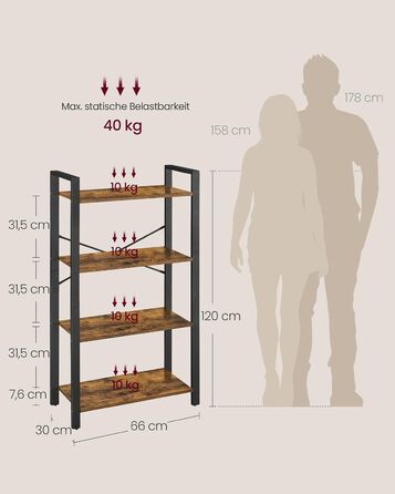 Полиця, книжкова шафа, окремостояча полиця, полиця для DVD, з 4 полицями, офісна полиця, відкриті полиці, для офісу, вітальні, спальні, кухні, 30 x 66 x 120 см, вінтажний коричневий-чорнильний чорний LLS60BX 4 полиці (66Ш x 120В см) вінтажний коричневий ч
