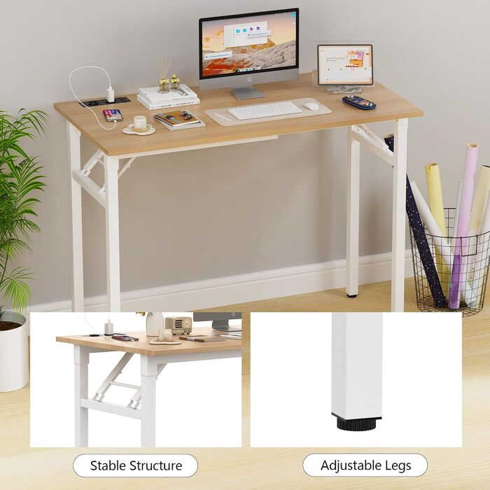 Складаний стіл 100x50x76 см з 2 розетками змінного струму та 2 портами зарядки USB, складаний комп&39ютерний стіл, стіл для ПК, офісний стіл, складаний стіл, для дому, дерево 100 см x 50 см