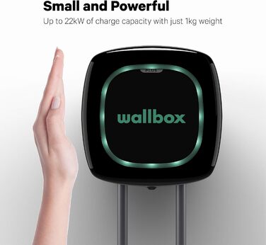 Зарядний пристрій Wallbox Pulsar Plus із зарядною потужністю до 22 кВт, штекером типу 2 та 5-метровим зарядним кабелем. Підключенн