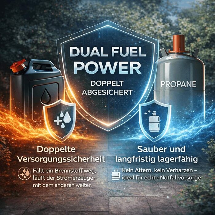 Двопаливний генератор 10 кВА ПОВНИЙ КОМПЛЕКТ Бензиновий та пропановий аварійний генератор 230/400 В Мобільний, включаючи подовжувач на 4 контакти, газовий балон та аксесуари