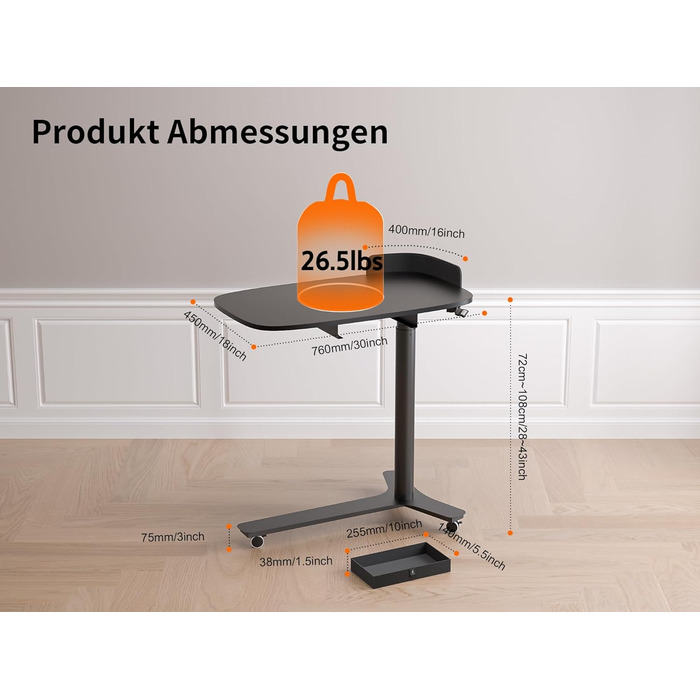 С-подібний журнальний столик, регульований по висоті з колесами, мобільний стіл з шухлядами, невеликий столик для ноутбука з регульованою висотою, пневматичний стоячий стіл для дивана, ліжко, вітальня, чорний, 75 x 45 см