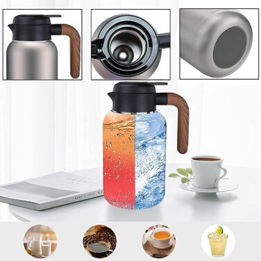 Кавник Luvan 2L з нержавіючої сталі 316 з подвійними стінками та вакуумною ізоляцією, термос для кави, кавовий поршень для термоса, ізольований горщик для соку/молока/чаю (сріблястий)