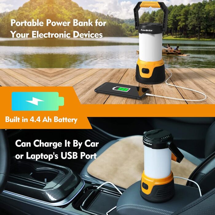 Світлодіодний кемпінговий ліхтар EverBrite, суперяскравий 1000 люмен, акумуляторний ліхтар-шатун з 5 режимами освітлення, кемпінговий ліхтар ємністю 4400 мАг з функцією зарядного пристрою для активного відпочинку, походів та аварійного спорядження, в комп