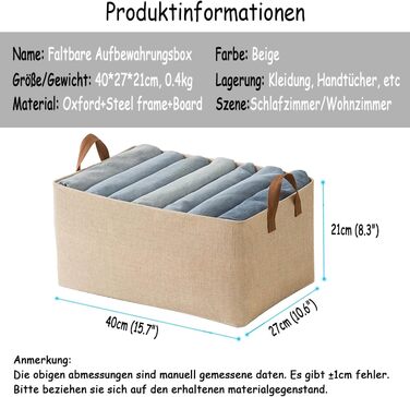Кошик для зберігання речей з тканини AARAINBOW для шафи, складний органайзер для шафи з ручками, коробка для зберігання на 4 предмети, кошик, що штабелюється, 40x27x21 см (4 бежевого кольору)