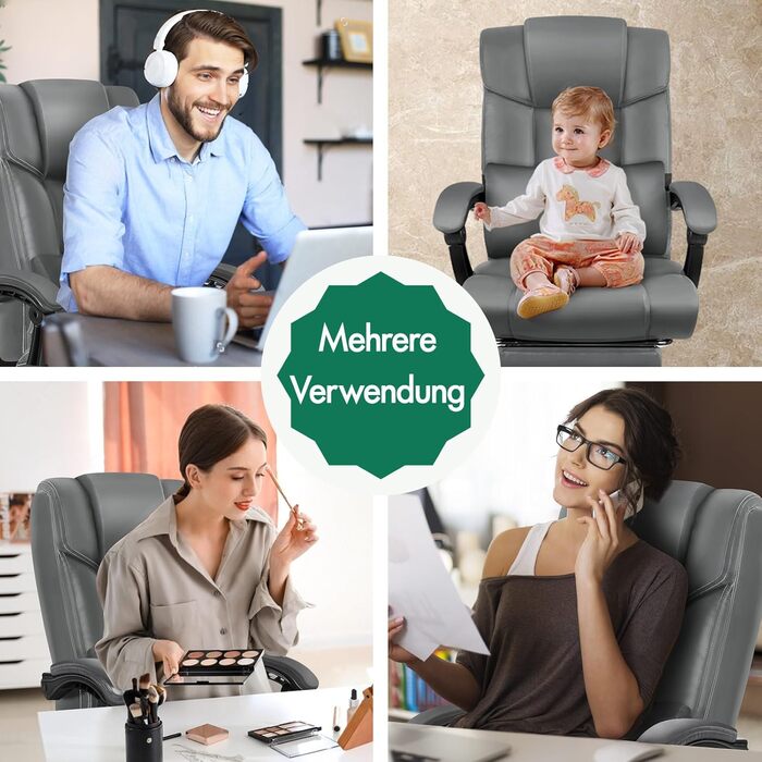 Офісний стілець ALFORDSON, Комп&39ютерний стілець, Робочий стілець зі штучної шкіри, вантажопідйомність 150 кг, спинка 90-135, регульований по висоті ергономічний комп&39ютерний стілець, Grey Boss - Grey