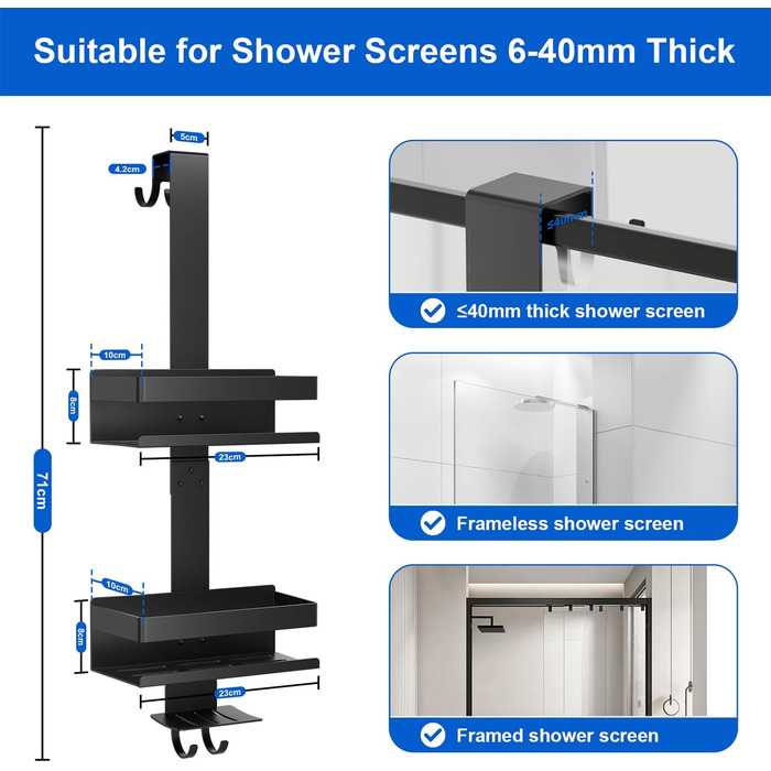 Полиця для душу без свердління, органайзер для ванної кімнати, підвісна полиця для душу для скляних дверей, тримач для шампуню, чорна полиця для ванної кімнати