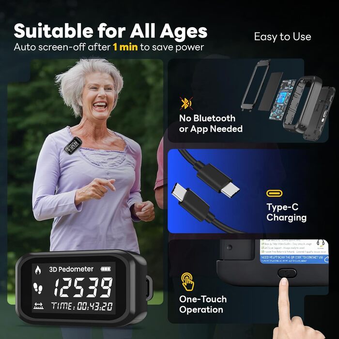 Крокомір із застібкою, крокомір без застосунку чи телефону, точний крокомір із шнурком, лічильник калорій, РК-дисплей, крокомір для ходьби, бігу, пробіжок, походів, 3D