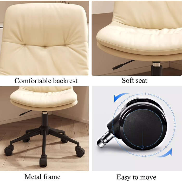 Невелике офісне крісло без підлокітників з низькою спинкою, косметичне крісло зі штучної шкіри на колесах для жінок, регульоване по висоті, обертові крісла для макіяжу (чорне, чорні ніжки) чорні чорні ніжки