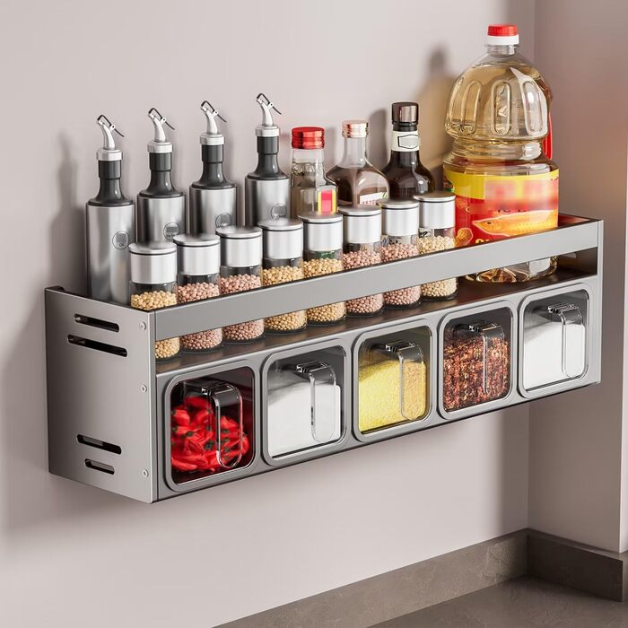 Підставка для спецій з банками для спецій, окремостояча та настінна підставка для спецій, банки для спецій з полицею, підставка/тримач для спецій, органайзер для спецій для кухонної стільниці та шафи, підвісні підставки для спецій (не потребує свердління)