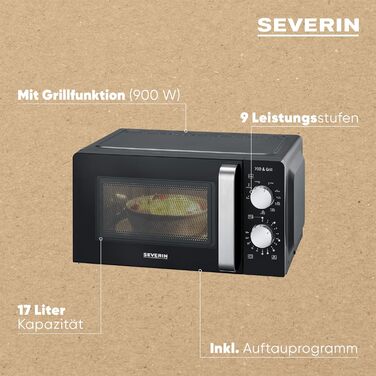 Мікрохвильова піч SEVERIN 2-в-1 з грилем 700 Вт, 900 Вт гриль, духова шафа з 9 автоматичними програмами, мікрохвильова піч з решіткою гриля і поворотним столом, чорний / нержавіюча сталь, MW 7781 чорний, 17л