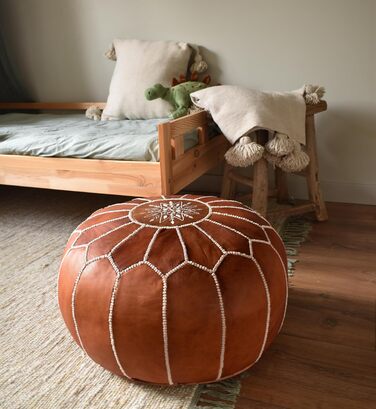 Пуфи та подушки Преміум-пуф зі справжньої шкіри - Ручна робота - Доставка з наповнювачем - Пуф-мішок для ніг (Коньяк-коричневий)