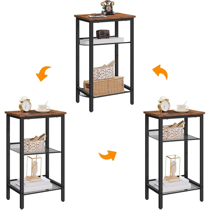 Журнальний столик HOOBRO, телефонний столик з 2 регульованими сітчастими полицями 38 x 28 x 74 см, диванний столик, журнальний столик, промисловий дизайн, темно-коричнево-чорний EBF01DH01G1 темно-коричневий - чорний