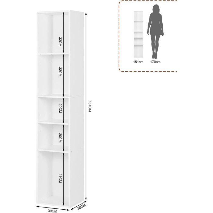 Книжкова полиця WOLTU, відкрита полиця з 5 кубиками, кубічна полиця, роздільник кімнати, полиця для документів, вузька полиця для зберігання, для вітальні, офісу, виготовлена з деревного матеріалу, біла, 30x1526 см, SK034ws 5 полиць (26Г x 30Ш x 151В см) 