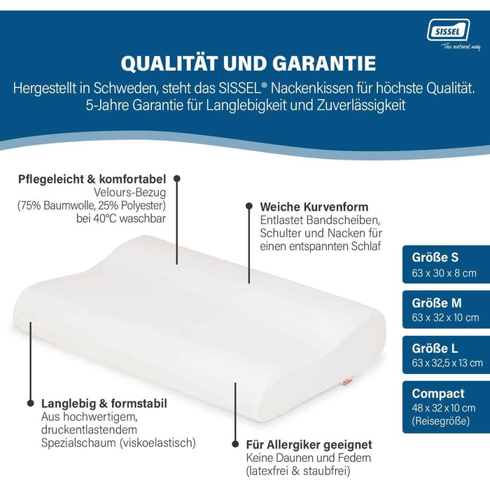 Подушка SISSEL Soft Curve Ніжна підтримка та комфорт В&39язкопружна піна Велюровий чохол, можна прати в пральній машині Полегшення для шиї та хребта, 63 x 31 x 8 см, білий