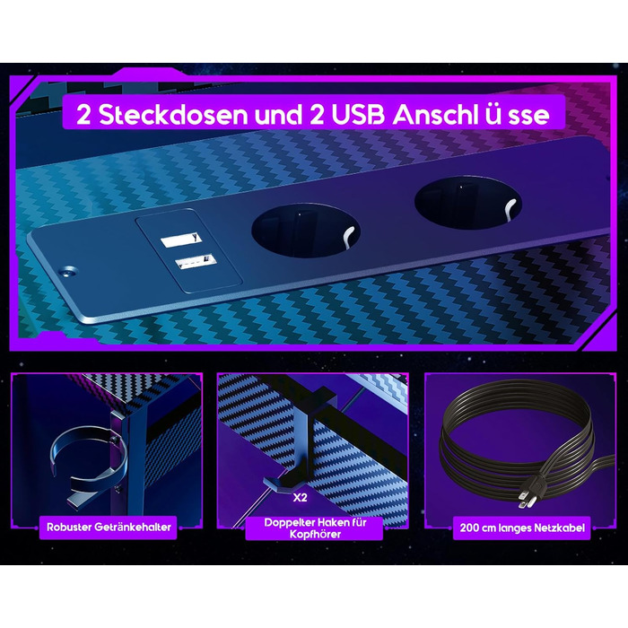 Ігровий стіл ODK 129x129 см, ігровий стіл зі світлодіодом, ігровий стіл для ПК з 2 розетками та 2 портами для зарядки USB, комп'ют