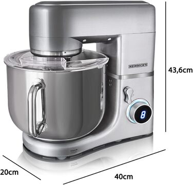 Кухонний комбайн HEINRICHS Чаша з нержавіючої сталі 1800 Вт Потужні запатентовані гачки для тіста, 8-ступінчаста багатофункціональна машина для замішування тіста з рідкокристалічним дисплеєм, Heinrich 's (12 літрів) 12 літрів XXXXL