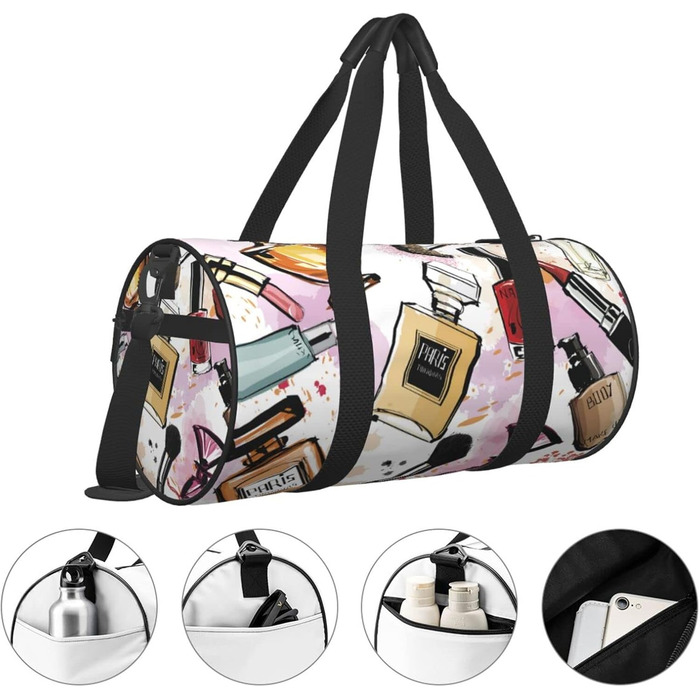 Дорожня сумка-циліндр з тематичним принтом косметики та макіяжу, спортивна сумка для чоловіків та жінок, сумка-мішок, спортивна дорожня сумка