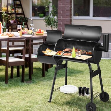 Гриль-коптильня вугільний KOMFOTTEU з димарем, 2-в-1, з термометром та колесами. Сталевий гриль-коптильник з бічним столиком та нижньою полицею, мобільний гриль-візок для пікніків, BBQ, 115x65x108 см