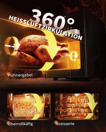 Аерофритюрниця XXL - Мультипіч ZACHVO 15L - 10 програм 1700 Вт з сенсорним LCD екраном - Фритюрниця Фритюрниця Смаження без олії, 7 аксесуарів, на 90 менше жиру - Дегідратор гриля в духовці в чорному Аерофритюрниця