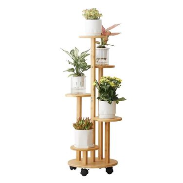 Бамбукова підставка для квітів на колесах, 5-ярусна підставка/стійка для квітів на балкон, шасі Ø31,5 см * верхня полиця Ø19 см * висота 88 см, полиця для рослин для використання на вулиці, легко переміщується (колір дерева), 5-ярусна підставка для рослин