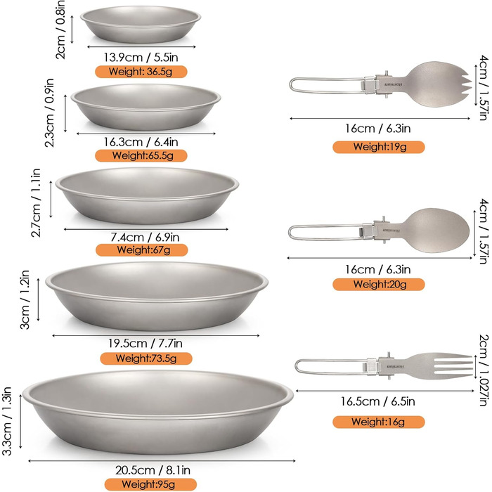 Набір кемпінгових тарілок 8-в-1 з 5 титановими каструлями та складною виделкою, ложкою, легким посудом, столовими приборами для барбекю, кухні, походів, пікніка