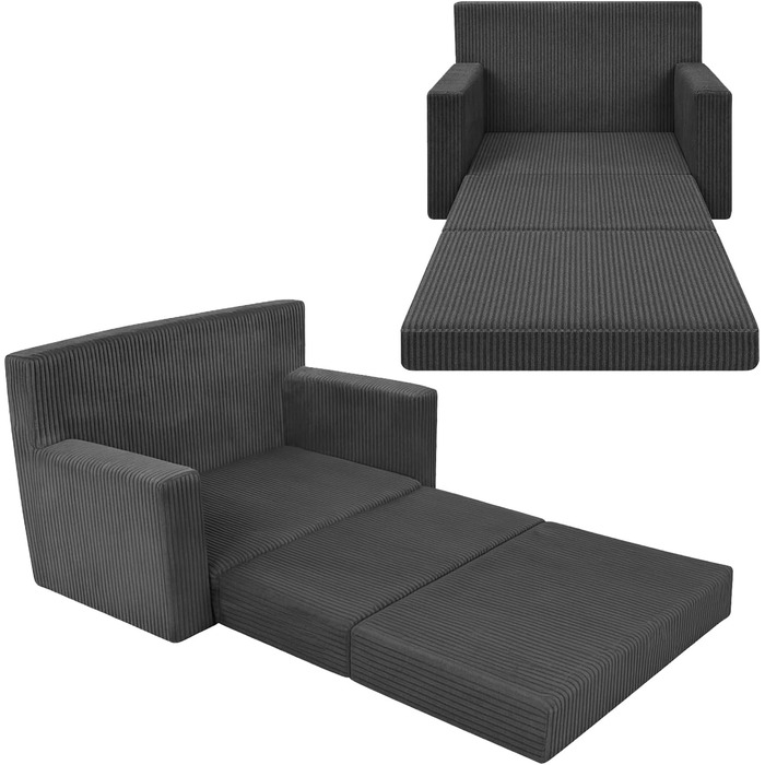 Дитячий диван 3-в-1, вельветовий ігровий диван, розкладний диван та розкладний диван, можливістю персоналізації, виробництво ЄС, (сірий)