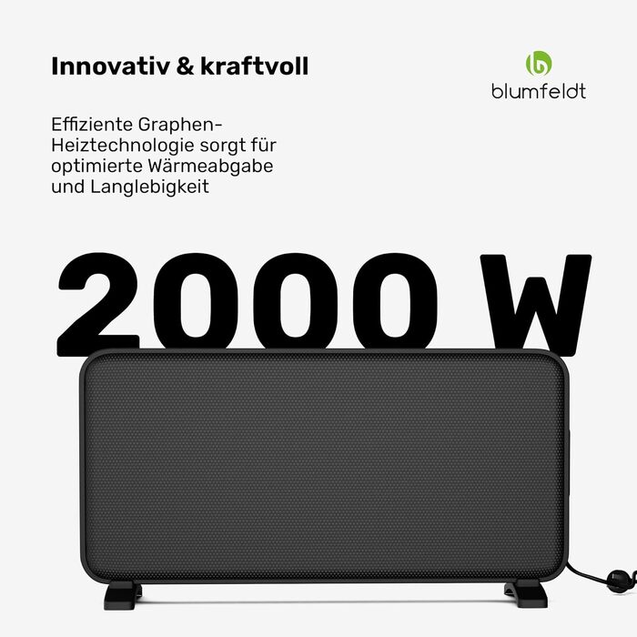 Інфрачервоний обігрівач blumfeldt 2000 Вт настінний та окремостоячий пристрій, графеновий нагрівальний елемент, керування за допомогою застосунку та сенсорне керування, термостат, IP24, захист від перегріву та перекидання, для приміщень площею до 20 м, чо