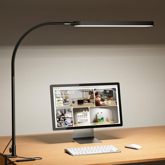 Настільна лампа SKYLEO LED з регулюванням яскравості - настільна лампа 85 см - сенсорне керування - 5 колірних режимів x 11 рівнів яскравості - 1300 лм (112 куль лампи) - Timmer & Memory - Офісна лампа 12 Вт - Чорний чорний 85 см із затискачем