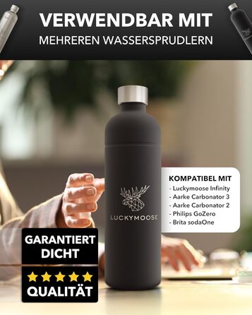 Пляшка Luckymoose Infinity 1.25 л для газованої води Aarke Carbonator 3, Philips GoZero & Brita SodaOne Maker - пляшка з нержавіючої сталі, яку можна мити в посудомийній машині без терміну придатності (2 шт. чорна)