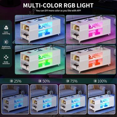 Журнальний столик YITAHOME, білий глянцевий, сучасний стіл для вітальні з 16-кольоровим світлодіодним підсвічуванням, журнальний столик біля дивана з регульованою полицею, 97,5 x 48 x 45 см, білий, без шухляд