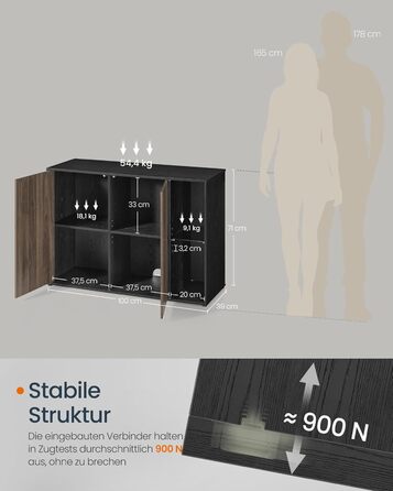 Сервант, надшвидке складання без інструментів, технологія без інструментів, шафа для зберігання у вітальні, тумба під телевізор зі світлодіодним підсвічуванням, регульовані полиці, сучасний, чорний BBK372B01 Натуральний горіх Чорне ебенове дерево