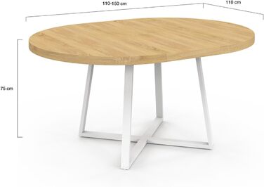 Розкладний круглий обідній стіл Selma для 4-8 осіб, дерево та білий колір, 110-150 см