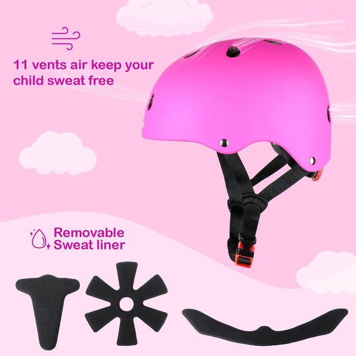 Дитячий велосипедний шолом KAMUGO, шолом для дітей віком від 2 до 8 років, зі спортивним захисним спорядженням, наколінниками, налокітниками та накладками на зап&39ястя для самокатів, велосипедів та мопедів, темно-рожевий