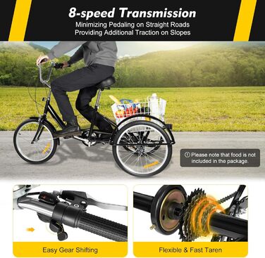 Дюймовий триколісний велосипед для дорослих, 3-колісний 8-швидкісний велосипед для старших людей з кошиком для покупок, триколісний велосипед для їзди на свіжому повітрі, міський велосипед для відпочинку, велосипед для старших людей з редуктором для покуп