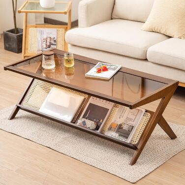 Скляний журнальний столик, 120 x 56 x 44 см, сучасний прямокутний журнальний столик, що підходить для вітальні, квартири та тераси, темний горіх