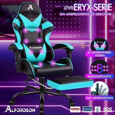 Офісне крісло ALFORDSON з масажем, ігрове крісло, ергономічне ігрове крісло з підставкою для ніг, масажна подушка для попереку з підставкою для ніг, обертове крісло, вантажопідйомність 180 кг, блакитний колір