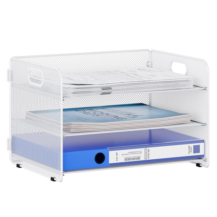 Металевий офісний органайзер EasyPAG A4 з 3 відділеннями, тримач для документів, лоток для файлів, тримач для журналів, лоток для листів, органайзер для паперових журналів, білий, 33,5 x 24 x 21 см