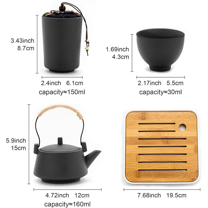Японський портативний набір для чаювання Fanquare в дорожній сумці, чорний порцеляновий чайний сервіз з чайником, мініатюрний китайський чайний набір для дорослих, подарунок для чоловіків