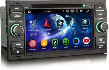 Автомобільний радіоприймач Erisin Android 14 4 ГБ ОЗП 64 ГБ ПЗУ 8-ядерний DVD GPS-навігація для Ford C-Max S-Max Focus Galaxy Kuga Connect Fiesta Transit 7-дюймовий сенсорний екран CarPlay Android Auto DABWiFi 4G Bluetooth 5.0 DSP OBD2 Чорний, з CD/DVD-пр