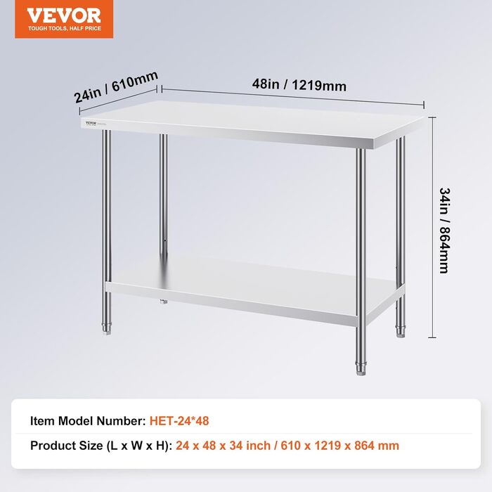 Комерційний стіл з нержавіючої сталі 122 x 61 x 86 см, дворівневий робочий стіл з нержавіючої сталі, розбірний стіл для кейтерингу, вантажопідйомність 150 кг 100 кг, комерційний кухонний стіл, стіл для підготовки з регульованою висотою