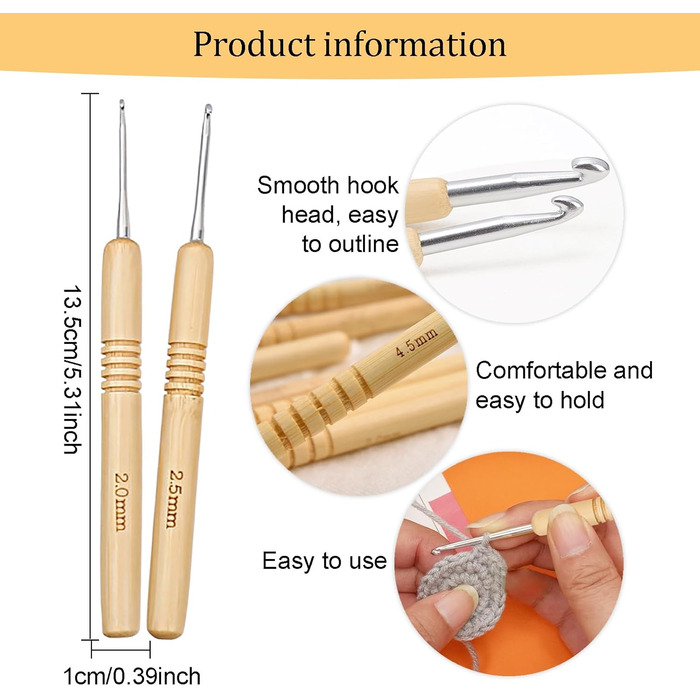 Набір гачків для вязання з 9 предметів. Деревяні гачки для вязання гачком, гачок для вязання для рук із артритом, ергономічна деревяна ручка для вязання. Набір для вязання гачком для початківців (2,06,0 мм)