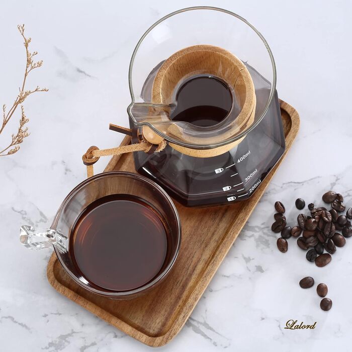 Кавоварка Lalord Pour Over з фільтром з нержавіючої сталі, кавник з боросилікатного скла, дерев'яна горловина, заварник з кавовим