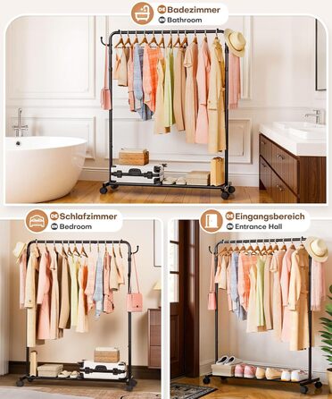Багатофункціональна вішалка для одягу Yorbay з регульованою висотою на колесах міцна металева вішалка для одягу з полицею для багажу - компактна вішалка для одягу для спальні та пральні (117,5 см) чорного кольору 117,5 см