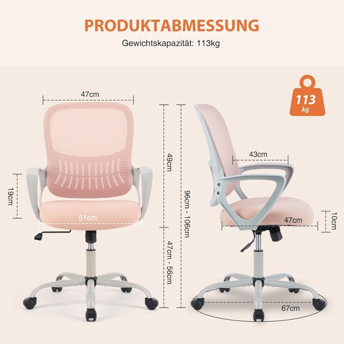 Ергономічне офісне крісло Sweetcrispy, стілець для роботи з поперековою опорою, регульована висота, офісне крісло з підлокітниками, підходить для офісу та спальні, сіро-рожеві фіксовані підлокітники