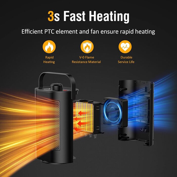 Енергозберігаючий та тихий електричний вентилятор-обігрівач - керамічний нагрівальний елемент PTC потужністю 1500 Вт, 3 швидкості, захист від перегріву/перекидання, невеликий вентилятор-обігрівач для ванної кімнати, кімнати, офісу, спальні, чорний
